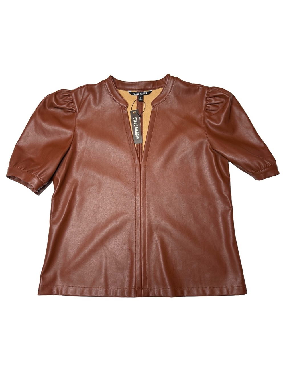 Steve Madden Cognac Faux Leather Puff Sleeve Top